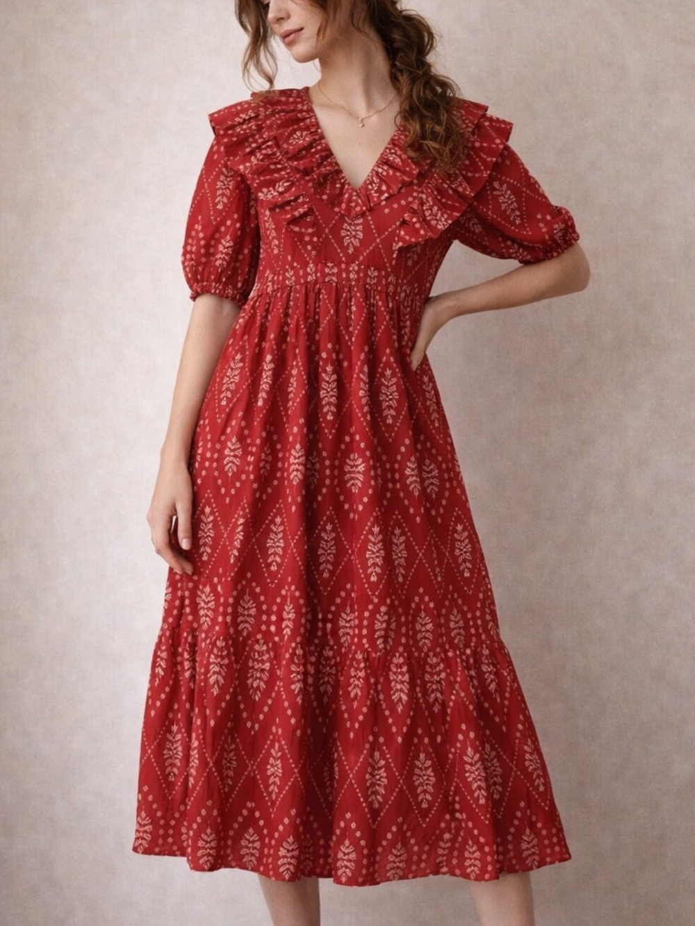 Zara Red Embroidered Puff Sleeve Midi Dress Small Boho Cottagecore Festival